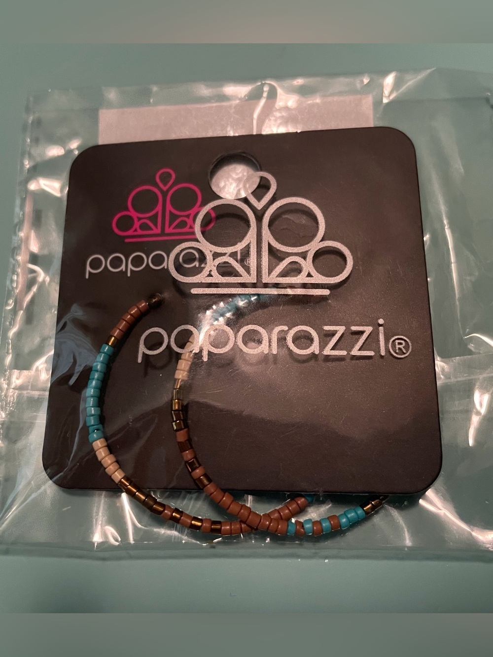 Paparazzi Turquoise Brown and Gold Seed Bead Hoop Earrings